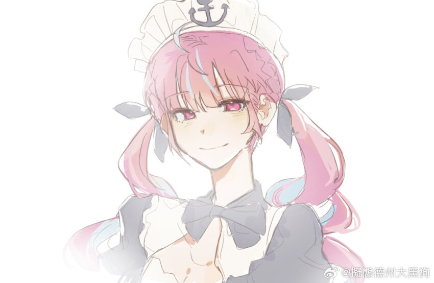 1girl ahoge anchor_symbol black_bow black_bowtie bloom blue_hair blue_streaks bow bowtie chinese_commentary closed_mouth colored_inner_hair commentary_request drill_hair fading half_crown_braid hololive looking_at_viewer maid maid_headdress minato_aqua minato_aqua_(1st_costume) multicolored_hair pink_eyes pink_hair portrait puffy_sleeves sayuu_(weibo_7407091722) simple_background sketch smile solo twin_drills two-tone_hair virtual_youtuber watermark weibo_watermark white_background