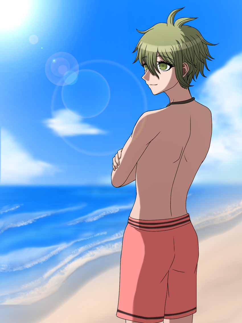 1boy alternate_costume amami_rantaro antenna_hair beach blue_sky cloud cowboy_shot danganronpa_(series) danganronpa_v3:_killing_harmony day from_behind green_eyes green_hair hair_between_eyes highres jewelry looking_to_the_side male_focus male_swimwear necklace ocean outdoors pink_male_swimwear short_hair sky solo suiren_yurei topless_male