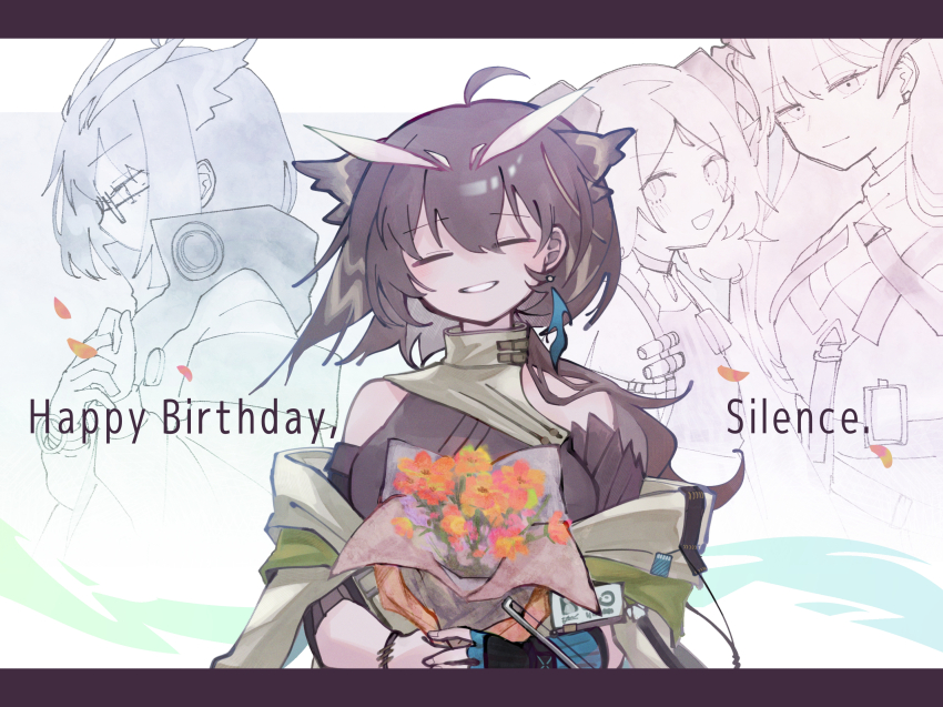 1girl arknights bouquet breasts brown_dress brown_hair clenched_hand closed_eyes coffee_toranpu commentary_request dress earrings english_text feather_hair flower glasses green_jacket grin high_collar highres holding holding_bouquet horns id_card ifrit_(arknights) jacket jewelry letterboxed looking_at_viewer medium_breasts off_shoulder rhine_lab_logo saria_(arknights) short_hair silence_(arknights) silence_the_paradigmatic_(arknights) simple_background single_earring smile upper_body white_background