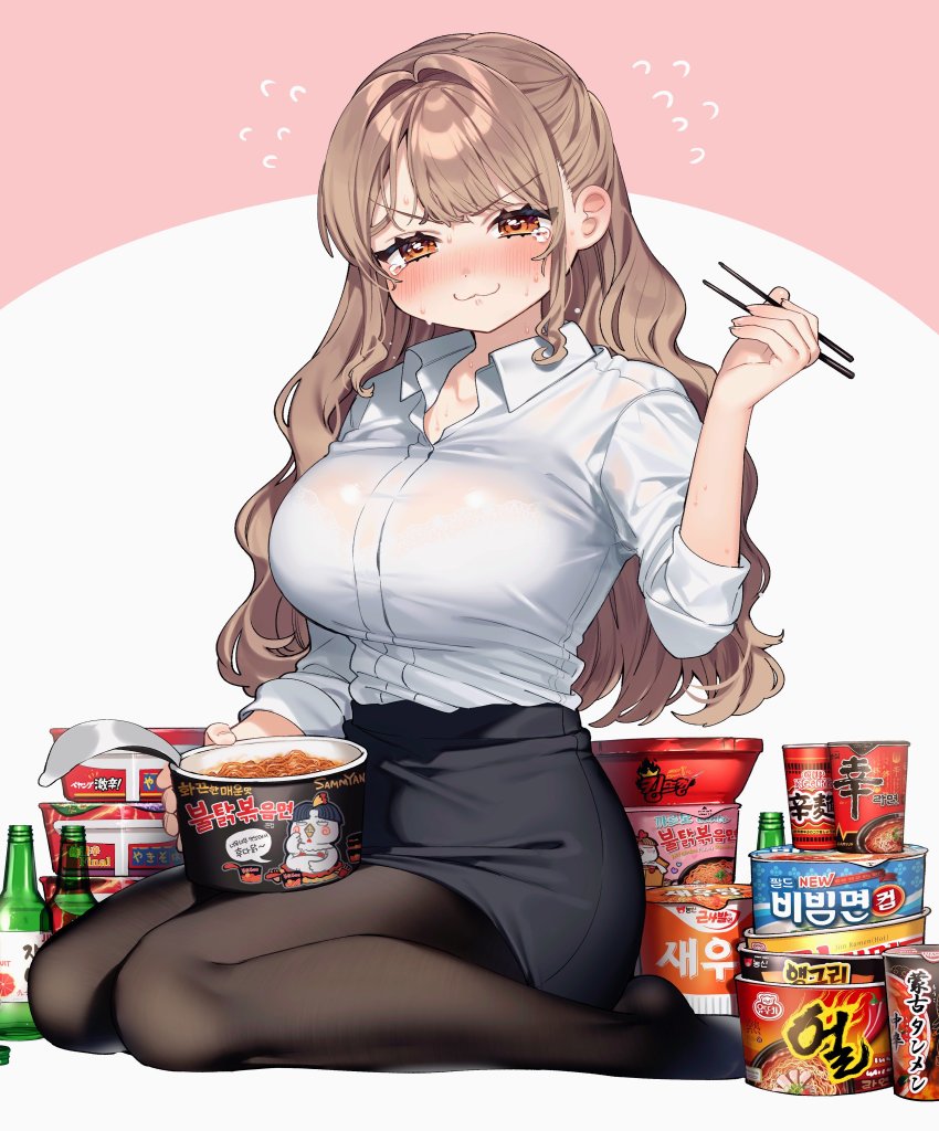 1girl absurdres black_pantyhose breasts brown_eyes brown_hair chopsticks cup cup_ramen food highres holding holding_chopsticks kodama&#039;s_elder_sister_(sakura_yuki) large_breasts long_hair looking_at_viewer nissin_cup_noodle noodles original pantyhose sakura_yuki_(clochette) shirt sitting sleeves_rolled_up soju solo wariza wavy_hair white_shirt
