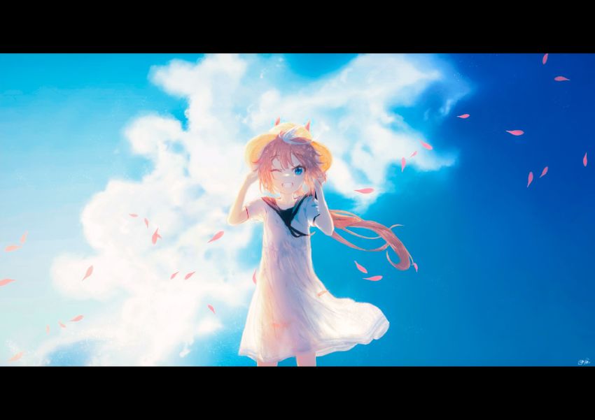 absurdres animal_ears backlighting bad_id bad_pixiv_id blue_eyes brown_hair chi_(luckyeric320) cleft_of_venus cloud dress falling_petals highres horse_ears no_panties one_eye_closed petal_censor petals ponytail sailor_dress see-through_clothes see-through_dress see-through_silhouette sky tokai_teio_(umamusume) umamusume white_dress