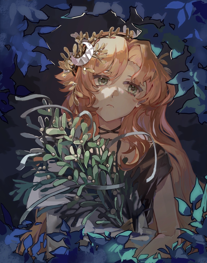 1girl absurdres black_background black_dress bouquet bush closed_mouth crescent crescent_hair_ornament dress druvis_iii flower green_eyes hair_ornament highres holding holding_bouquet leaf leaf_hair_ornament long_hair looking_at_viewer mistletoe orange_hair painine reverse:1999 short_sleeves solo upper_body