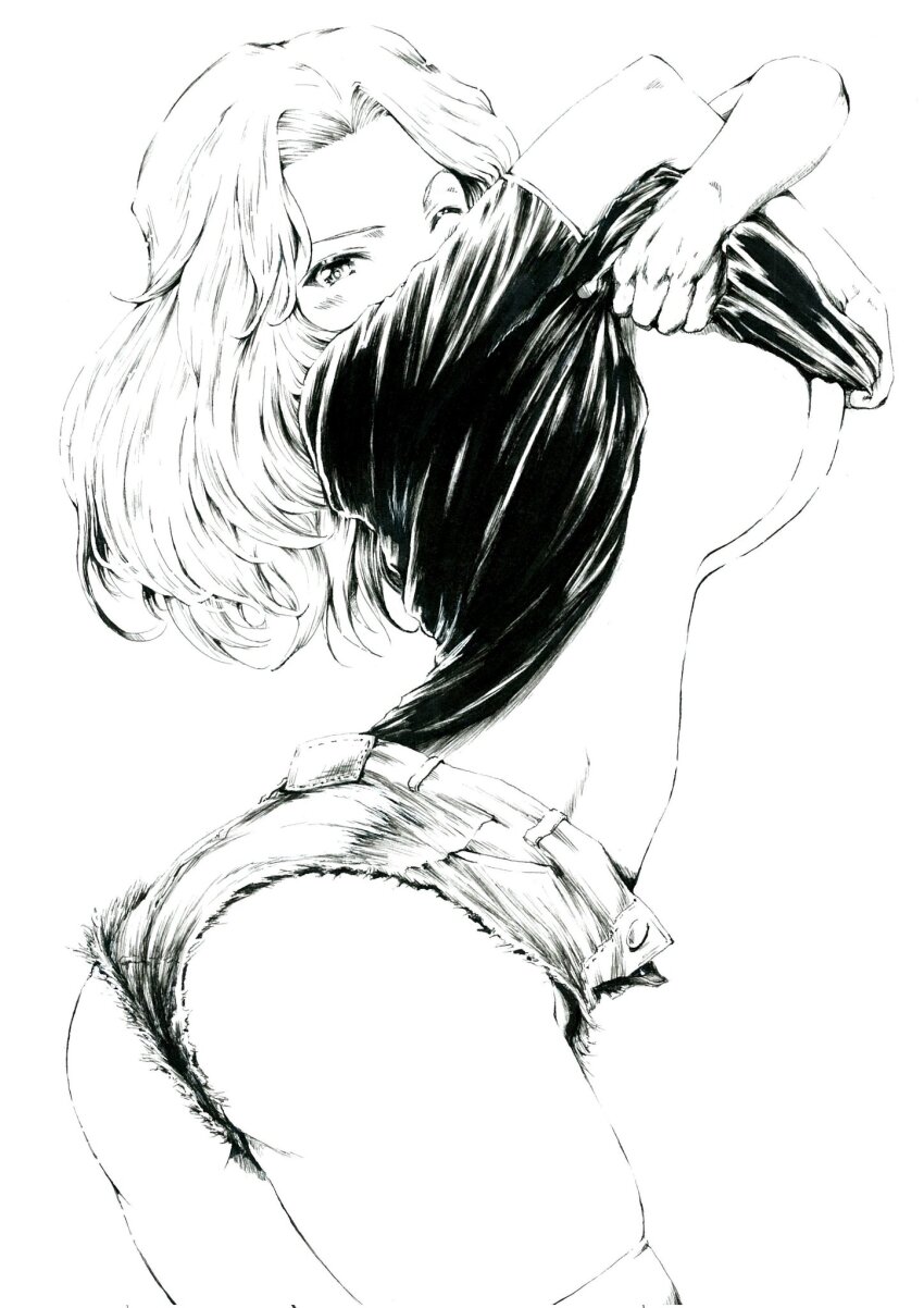 1girl arched_back ass breasts corrupted_twitter_file girls_und_panzer greyscale highres kay_(girls_und_panzer) large_breasts long_hair looking_at_viewer micro_shorts monochrome no_bra one_eye_closed sawamin shirt short_shorts shorts solo t-shirt unbuttoned undressing