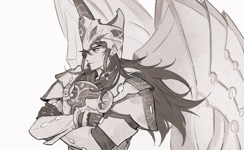 1boy brown_theme cosplay crossed_arms donkey_fgo earrings expressionless fate/grand_order fate_(series) from_side greco-roman_clothes hair_between_eyes highres jewelry long_hair looking_ahead looking_at_viewer male_focus monochrome profile red_eyes romulus_(fate) romulus_(fate)_(cosplay) romulus_quirinus_(fate) solo spread_wings very_long_hair