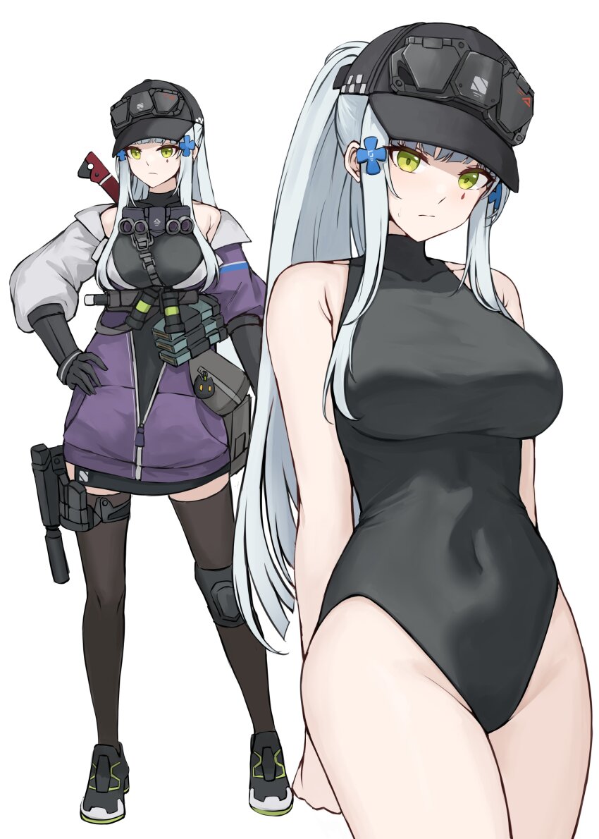 1girl absurdres arms_behind_back baseball_cap black_hat black_leotard black_shoes black_thighhighs blue_hair breasts closed_mouth commentary covered_navel cross_hair_ornament english_commentary flashbang full_body girls&#039;_frontline girls&#039;_frontline_2:_exilium gongbangmanchi_(daisy_cutter) green_eyes gun hair_ornament hand_on_own_hip handgun hat highres hk416_(girls&#039;_frontline) holster jacket klukai_(girls&#039;_frontline_2) knee_pads large_breasts leotard long_hair looking_at_viewer magazine_(weapon) multicolored_jacket multiple_views off_shoulder partially_unzipped shoes sidelocks simple_background single_knee_pad sneakers sweatdrop teardrop_facial_mark thigh_holster thighhighs two-tone_jacket weapon white_background