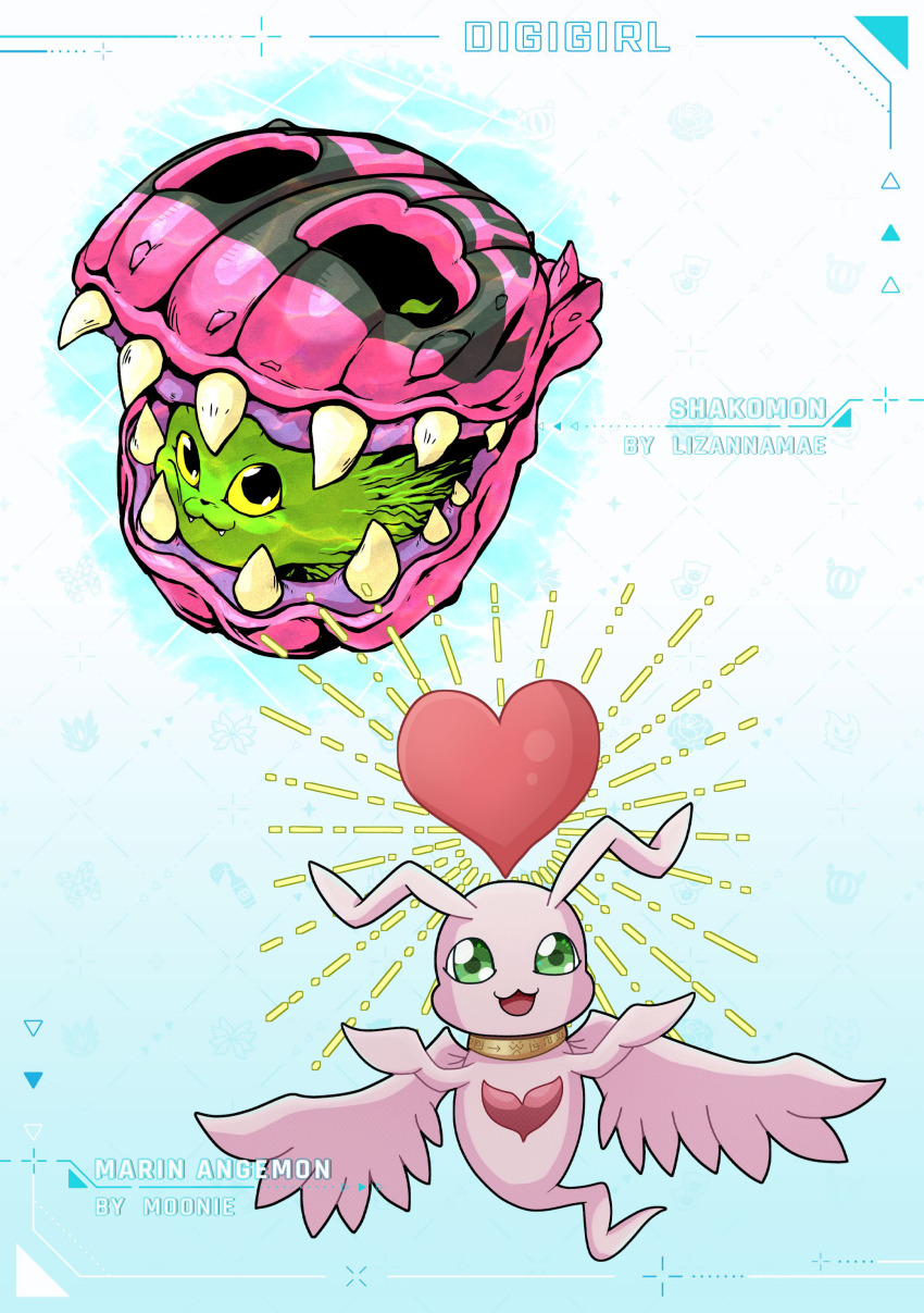 absurdres digimon digimon_(creature) green_eyes happy heart highres marinangemon open_mouth shakomon smile wings