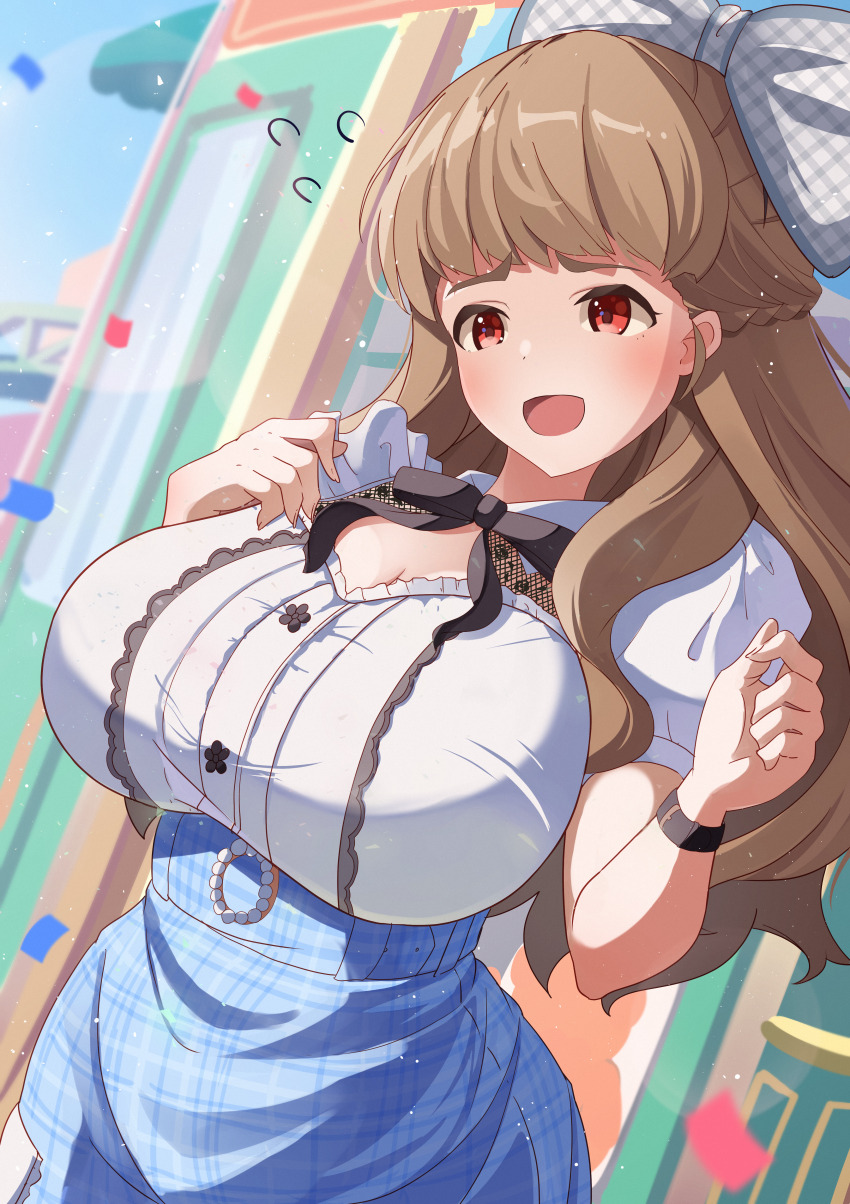 1girl :d absurdres blue_skirt breasts brown_hair cleavage day flying_sweatdrops highres idolmaster idolmaster_cinderella_girls idolmaster_cinderella_girls_starlight_stage kamiya_nao large_breasts long_hair open_mouth outdoors plaid_clothes plaid_skirt red_eyes satoyama_meu shirt short_sleeves skirt smile standing watch white_shirt wristwatch