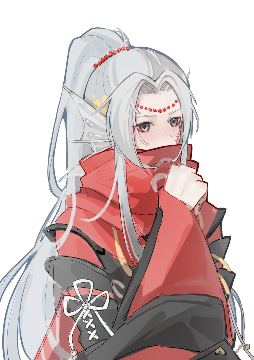1boy absurdres black_sleeves blush chili_fishhead_(the_tale_of_food) chinese_clothes chinese_commentary cihe185404 clenched_hand covered_mouth cross-laced_clothes cross-laced_sleeves facial_tattoo fins grey_eyes hand_to_own_mouth hanfu head_chain head_fins highres jewelry long_hair long_sleeves looking_at_viewer male_focus parted_bangs ponytail red_robe red_scarf robe scarf scarf_over_mouth sidelocks sideways_glance simple_background solo tattoo the_tale_of_food upper_body very_long_hair white_background white_hair wide_sleeves