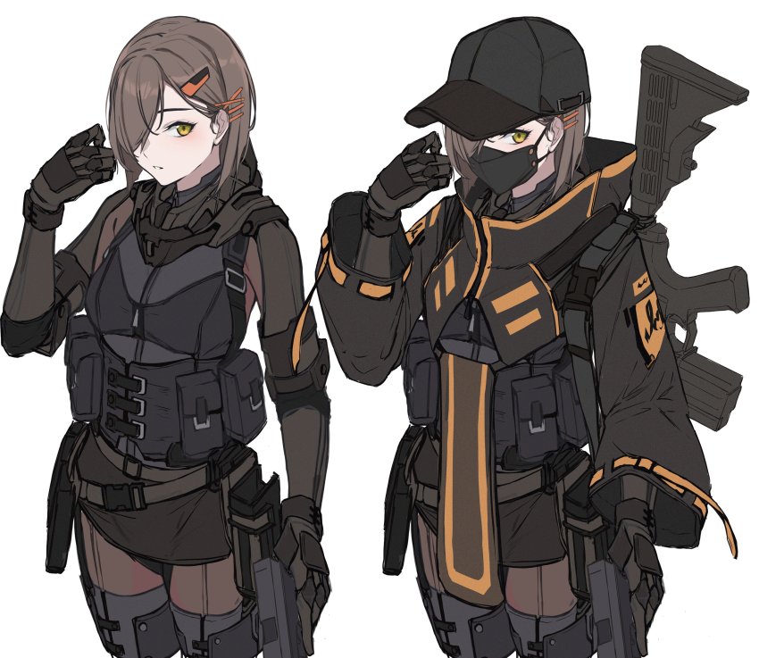 1girl 3_small_spiders absurdres ar-10 arm_up battle_rifle black_bodysuit black_jacket black_mask blush bodysuit breasts brown_gloves brown_hair commentary feet_out_of_frame glock gloves gun hair_between_eyes hair_ornament hair_over_one_eye hairclip hairpin handgun highres holding holding_gun holding_weapon jacket kac_sr-25 long_sleeves looking_at_viewer masked medium_hair open_mouth original rifle small_breasts sniper_rifle sr-25 standing tactical_clothes weapon white_background wide_sleeves yellow_eyes