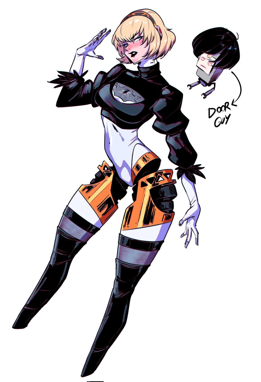 1girl 2b_(nier:automata) 2b_(nier:automata)_(cosplay) aigis_(persona) android black_boots black_leotard blonde_hair blue_eyes boots cosplay headphones highres joints leotard long_sleeves panda_rojo_art persona persona_3 pod_(nier:automata) robot_joints short_hair white_background white_leotard wig yuuki_makoto_(persona_3) yuuki_makoto_(persona_3)_(cosplay)