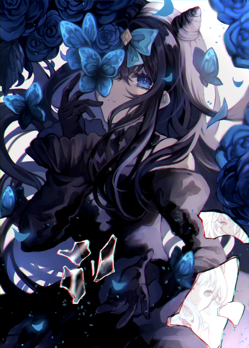 1girl absurdres arcaea bare_shoulders black_dress black_gloves black_hair blue_eyes blue_flower blunt_bangs bow breasts bug butterfly butterfly_hair_ornament butterfly_on_face cleavage collarbone crystal_wings dress earrings flower gloves hair_bow hair_ornament highres insect jewelry large_breasts long_hair long_sleeves reaching reaching_towards_viewer rino_ebe solo tairitsu_(arcaea) tairitsu_(tempest)_(arcaea)
