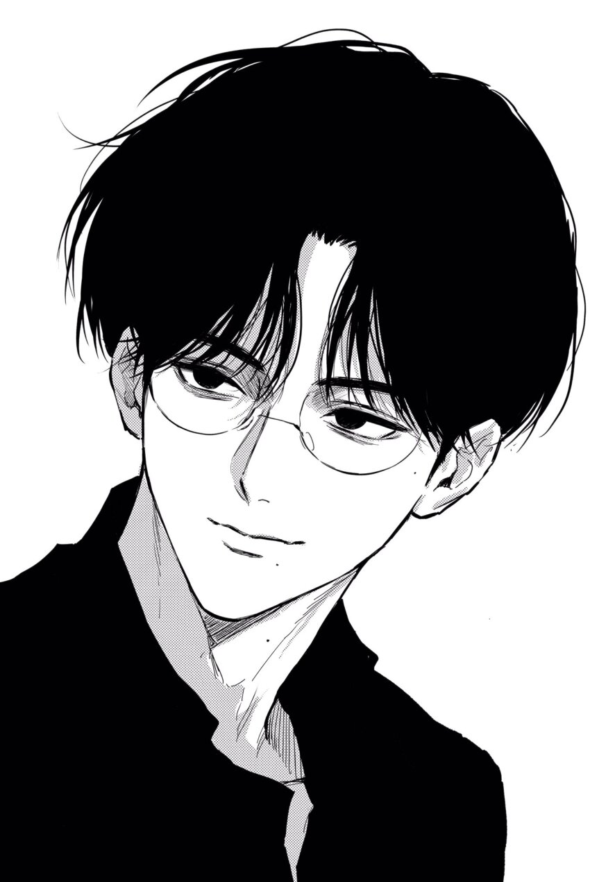 1boy bags_under_eyes black_hair copyright_request glasses greyscale highres lips male_focus mole mole_under_mouth monochrome smile solo sso_s white_background