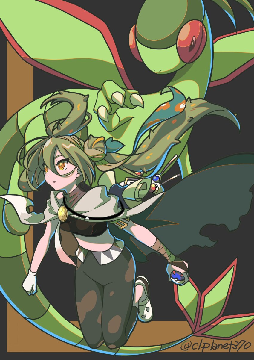 1girl aira_(exp) bandaged_arm bandages cape claws commentary crocs crop_top double_bun dragon flygon gen_3_pokemon gloves great_ball green_hair ground_miku_(project_voltage) hair_between_eyes hair_bun hatsune_miku highres holding holding_poke_ball long_hair looking_to_the_side midriff nintendo orange_eyes pants poke_ball pokemon pokemon_(creature) project_voltage single_glove twintails twitter_username very_long_hair vocaloid white_gloves yellow_eyes