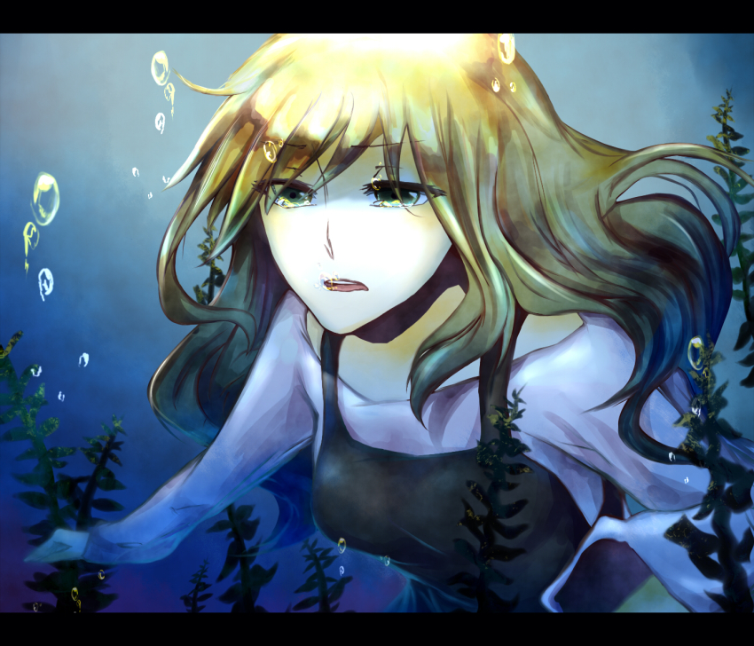 1girl blonde_hair bubble female_focus green_eyes highres letterboxed long_hair mermaid_swamp ningyo_numa plant reanisu_lunashi seaweed solo tears underwater yamazaki_rin