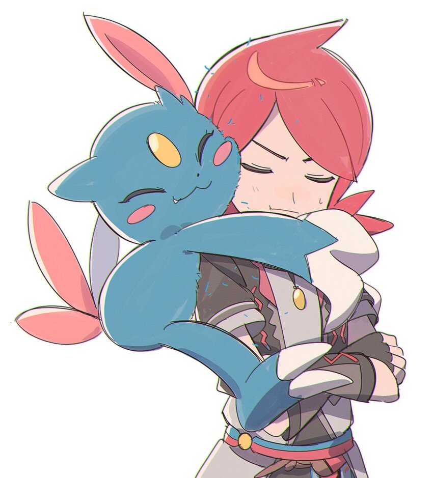 1boy :3 :t ^_^ black_gloves black_jacket blue_fur blush chueog claws closed_eyes closed_mouth cowlick crossed_arms fang fingerless_gloves forehead_jewel gem gen_2_pokemon gloves highres hug huge_claws jacket jewelry light_blush male_focus multicolored_clothes necklace nintendo parted_bangs pokemon pokemon_(creature) pokemon_masters_ex red_hair red_tail shirt silver_(pokemon) silver_(sygna_suit)_(pokemon) simple_background sneasel solo tsundere undershirt white_background white_shirt yellow_gemstone