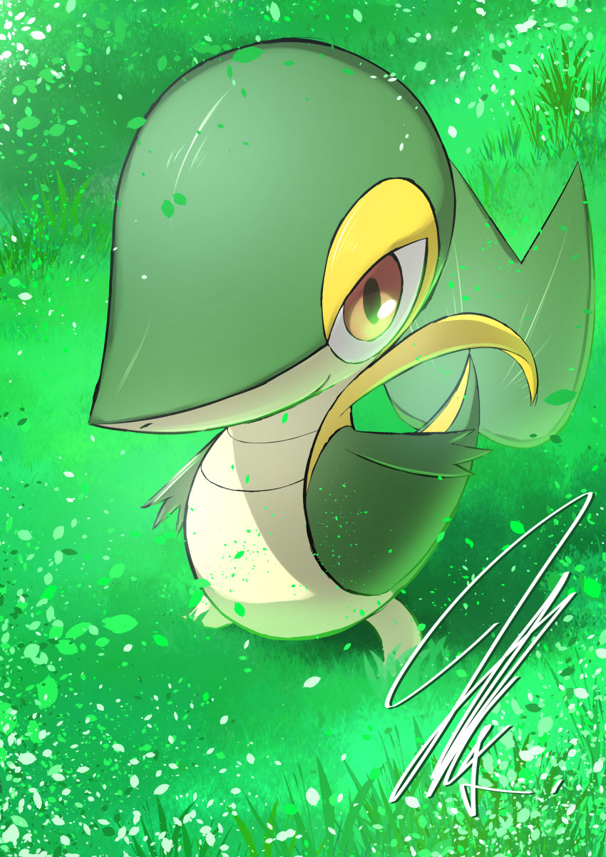absurdres brown_eyes colored_skin falling_leaves from_above game_freak gen_5_pokemon grass green_skin highres leaf light_particles mitsukuma448 nintendo on_grass outdoors petals pokemon pokemon_(creature) signature slit_pupils smile snake snivy solo yellow_skin