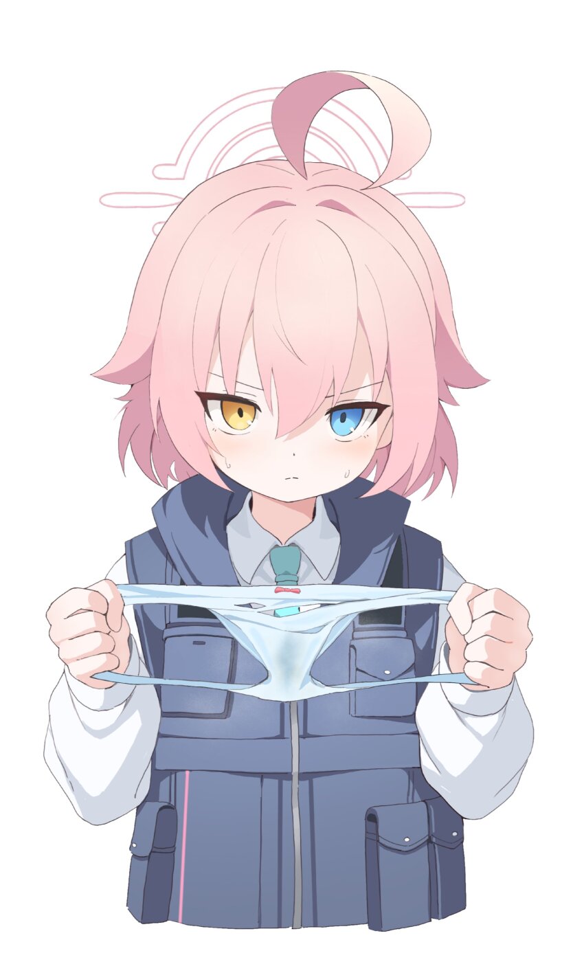 absurdres ahoge blue_archive blue_eyes blue_necktie blue_vest blush bulletproof_vest collared_shirt commentary foreclosure_task_force_(blue_archive) halo heterochromia highres holding holding_panties holding_underwear holding_unworn_clothes hoshino_(blue_archive) hoshino_(first_year)_(blue_archive) hoshino_(young)_(blue_archive) huge_ahoge looking_at_viewer necktie panties pink_hair pink_halo quel_(quel1111) shirt stained_panties sweat symbol-only_commentary underwear utility_vest vest yellow_eyes