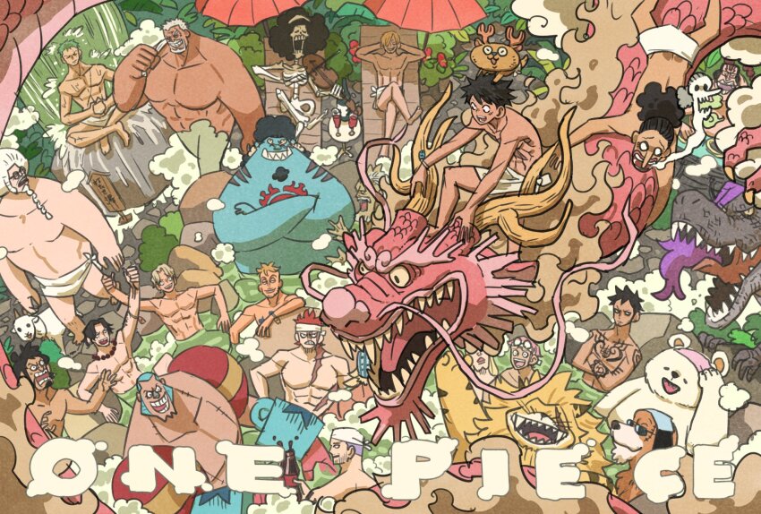 6+boys afro alternate_form animal arm_tattoo beard bepo black_hair blonde_hair blue_hair blue_skin brook_(one_piece) brothers chest_tattoo chonmage colored_skin commentary_request copyright_name crossed_arms crossed_legs dragon dragon_horns eustass_kid facial_hair fish_boy franky_(one_piece) goat green_eyes hack_(one_piece) headphones helmeppo highres holding holding_instrument holding_violin horns iceburg instrument inuarashi_(one_piece) jewelry jinbe_(one_piece) killer_(one_piece) kinemon koby_(one_piece) kouzuki_momonosuke long_beard long_nose looking_back male_focus marco_(one_piece) monkey_d._garp monkey_d._luffy multiple_boys necklace nekomamushi one_piece onsen page_one_(one_piece) pearl_necklace portgas_d._ace purple_hair roronoa_zoro sabo_(one_piece) sanji_(one_piece) scratchmen_apoo sengoku&#039;s_goat sengoku_(one_piece) sharp_teeth siblings sideburns skeleton smile spirit takeuchi_ryousuke tattoo teeth thick_eyebrows tony_tony_chopper topknot topless_male trafalgar_law tusks violin whiskers white_hair