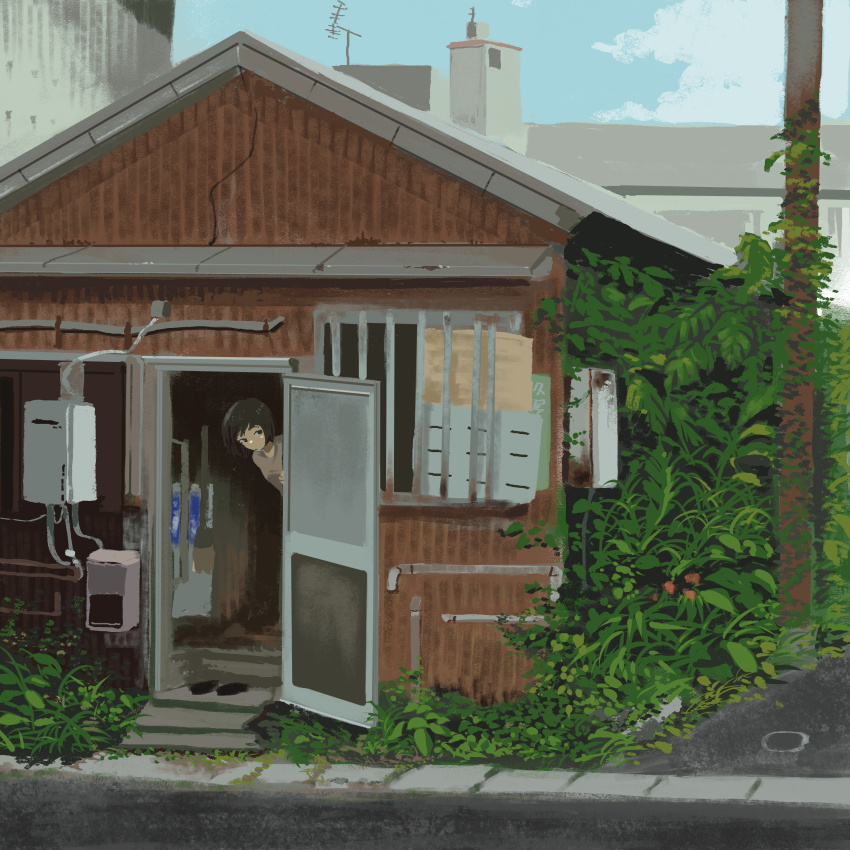 1girl absurdres barred_window black_hair cable circuit_breaker electric_panel highres house leaning_forward looking_at_viewer meanstreet medium_hair open_door original overgrown plant radio_antenna road scenery street vines weeds