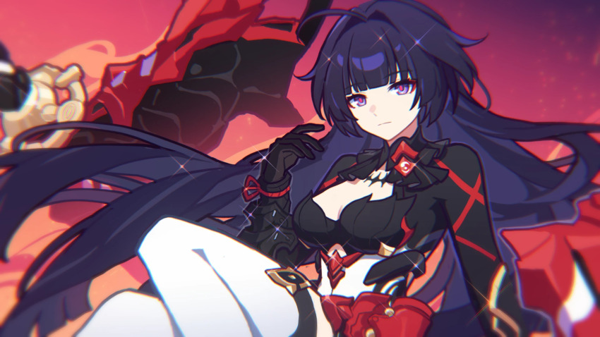 1girl ahoge black_gloves black_shirt breasts chinese_commentary chromatic_aberration cleavage cleavage_cutout closed_mouth clothing_cutout commentary_request disembodied_hand eyeliner feet_out_of_frame gloves hair_intakes hand_up highres holding holding_sword holding_weapon honkai_(series) honkai_impact_3rd large_breasts long_hair looking_at_viewer makeup official_alternate_costume purple_eyes purple_hair raiden_mei_(orochi_cuirass) red_eyeliner red_pupils shirt solo sword thighhighs very_long_hair weapon white_thighhighs xiaohutu