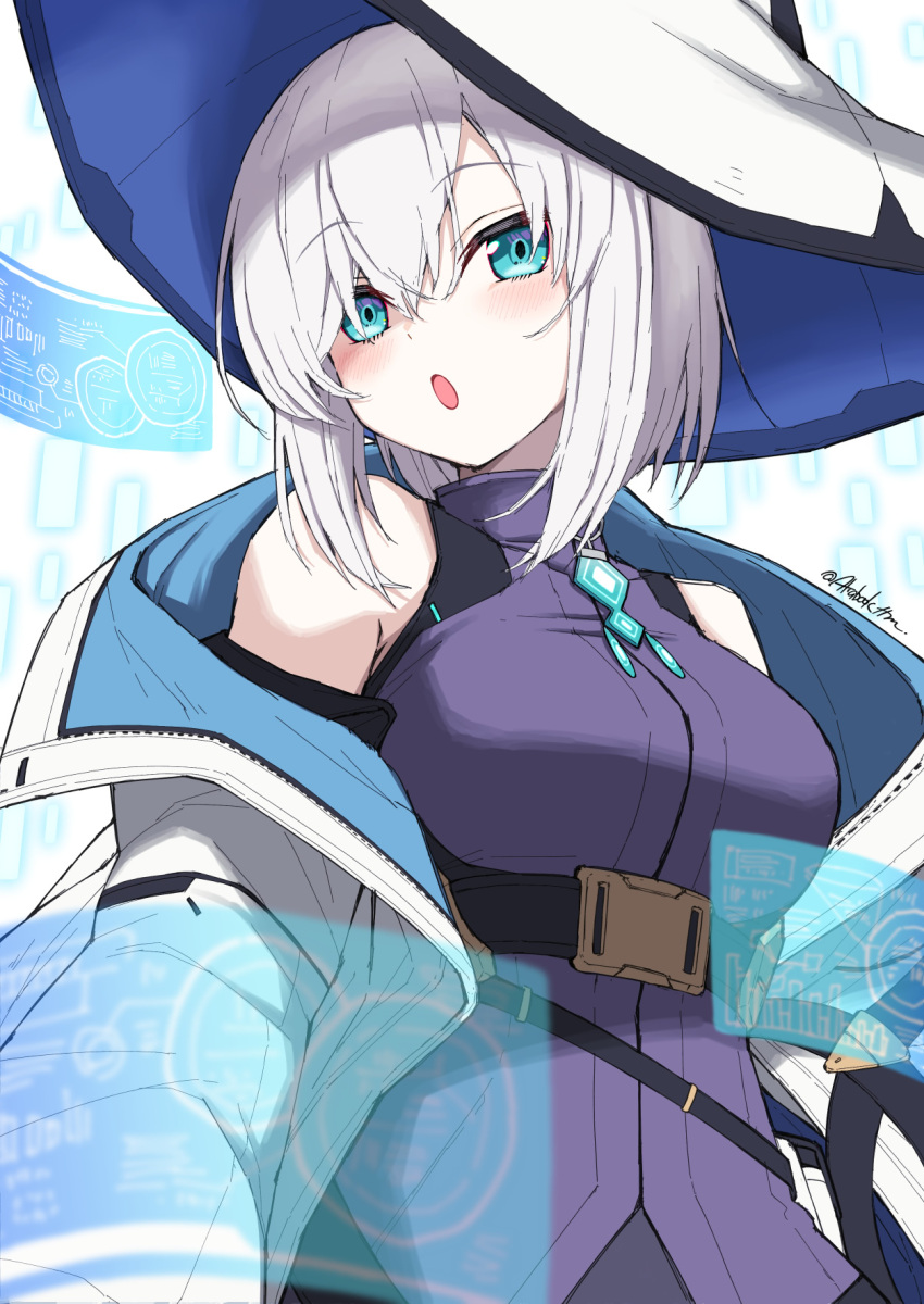 :o ars_almal belt belt_around_waist blue_eyes blush breasts hat highres jacket large_breasts long_sleeves nijisanji open_clothes open_jacket open_mouth purple_shirt screen shirt simple_background skirt sleeveless tatami_kami virtual_youtuber white_hair white_jacket witch_hat