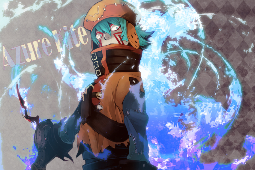 .hack// .hack//g.u. .hack//roots 1boy aqua_hair argyle_background azure_kite belt character_name commentary_request crazy_eyes duplicate green_eyes hat male_focus menoco solo staring stitches tattoo weapon