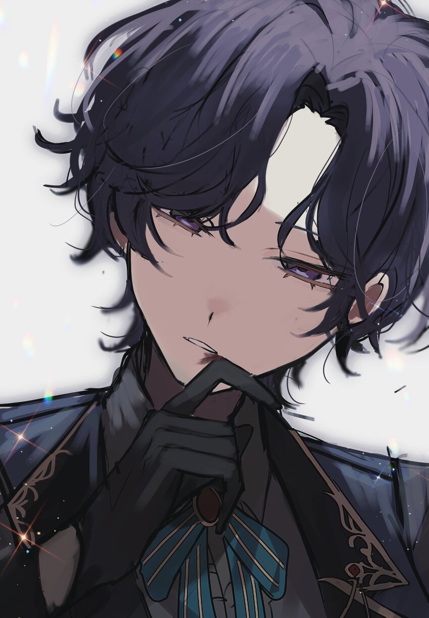 1girl androgynous asahina_mafuyu black_gloves commentary_request gloves grey_background hand_up highres jinmennmen lapels notched_lapels official_alternate_costume official_alternate_hair_length official_alternate_hairstyle parted_lips project_sekai purple_eyes purple_hair relax_teatime_(project_sekai) short_hair solo upper_body