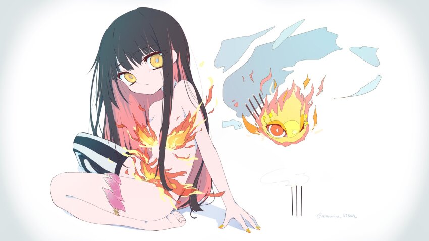 1girl anime_coloring barefoot black_hair breasts colored_inner_hair creature expressionless fire fire_censor full_body highres long_hair looking_at_viewer multicolored_hair nomura_kitan nude original pink_hair single_thighhigh sitting small_breasts solo striped_clothes striped_thighhighs thigh_strap thighhighs two-tone_hair vertical-striped_clothes vertical-striped_thighhighs yellow_eyes yellow_nails