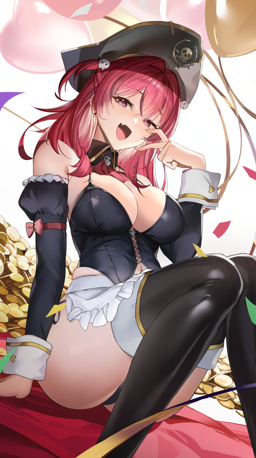 1girl absurdres apron arm_support balloon black_corset black_thighhighs breasts cleavage coin commentary_request confetti corset criss-cross_strings crossed_bangs derby_(dabidabi) detached_sleeves dutch_angle fang frilled_apron frills goddess_of_victory:_nikke gold_coin gold_trim hair_between_eyes hair_intakes hair_ornament hand_up hat heart_balloon highres korean_commentary large_breasts long_hair long_sleeves maid maid_apron mast_(nikke) mast_(romantic_maid)_(nikke) official_alternate_costume open_mouth partial_commentary pink_eyes pink_hair pirate_hat simple_background sitting skin_fang skull_hair_ornament sleeve_cuffs smile solo thighhighs thighs white_apron white_background white_wrist_cuffs wrist_cuffs