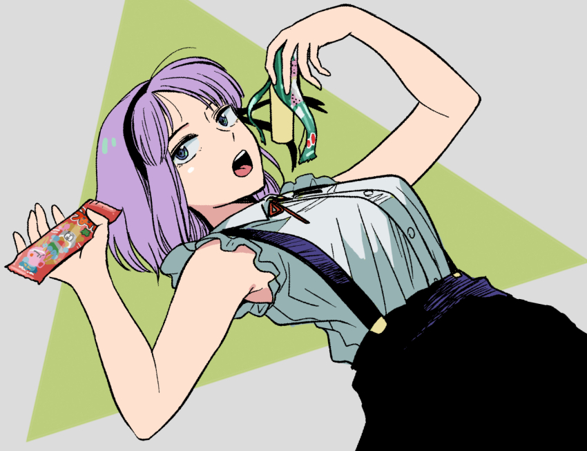 1girl black_hairband black_skirt blue_eyes breasts dagashi_kashi food food_wrapper hairband hatimoto holding holding_food looking_at_viewer open_mouth purple_hair shidare_hotaru shirt short_hair simple_background skirt sleeveless sleeveless_shirt solo suspender_skirt suspenders two-tone_background umaibou white_shirt