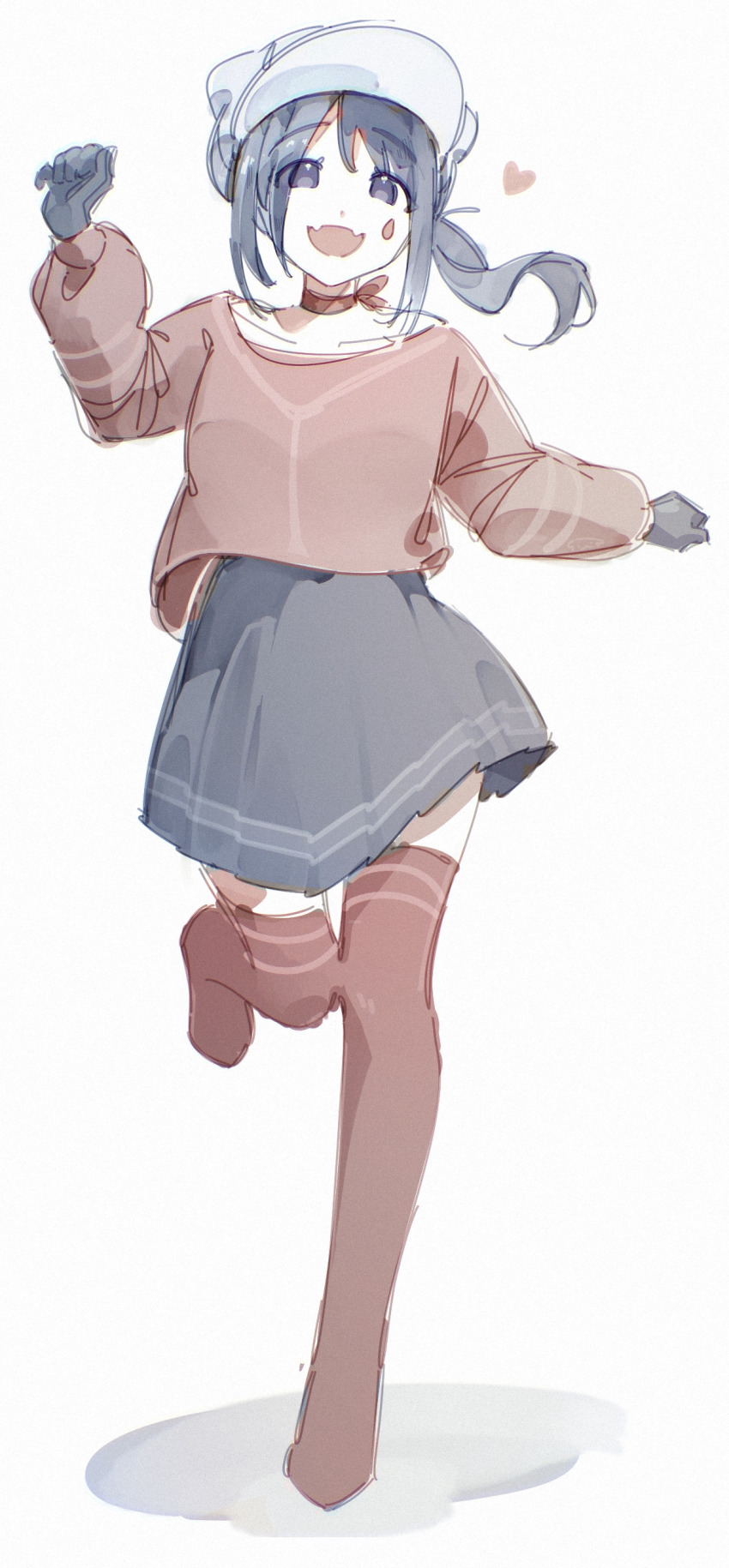 1girl :d absurdres alternate_headwear_color blue_eyes blue_gloves blue_hair blue_skirt cabbie_hat choker commentary contrapposto cool_mita_(miside) english_commentary fangs full_body gloves hat heart highres long_hair long_sleeves looking_at_viewer miside mita_(miside) open_mouth pleated_skirt ponytail rave_(xenodrug) red_choker red_thighhighs shadow simple_background skirt smile solo standing standing_on_one_leg tattoo teardrop_tattoo thighhighs white_background white_hat