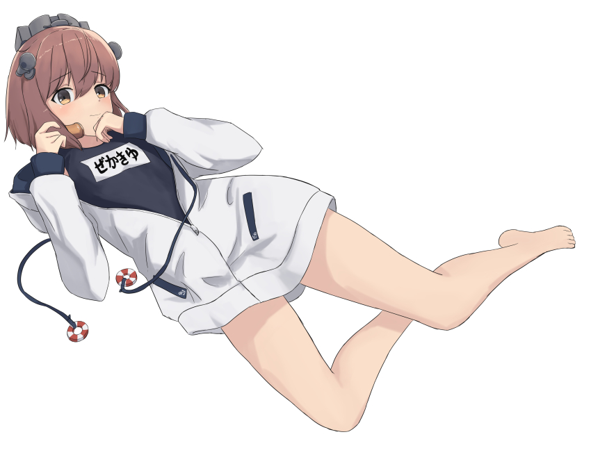 1girl absurdres black_one-piece_swimsuit brown_eyes brown_hair commentary_request drawstring full_body headgear highres hood hooded_jacket jacket kantai_collection lifebuoy_ornament lying name_tag one-piece_swimsuit school_swimsuit short_hair simple_background solo speaking_tube_headset swimsuit swimsuit_under_clothes white_background white_jacket yuki_4040 yukikaze_(kancolle) yukikaze_(swimsuit)_(kancolle)