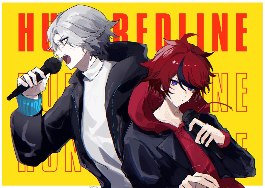 2boys ahoge aotsuki_eito blue_eyes border copyright_name cropped_jacket english_text grey_hair highres holding holding_microphone hood hoodie jacket jacket_over_hoodie male_focus microphone multicolored_hair multiple_boys official_alternate_costume outside_border red_hair red_hoodie shirt short_hair sparrowhabird streaked_hair sumino_takumi sweat the_hundred_line_-last_defense_academy- tower_records white_border white_shirt yellow_background