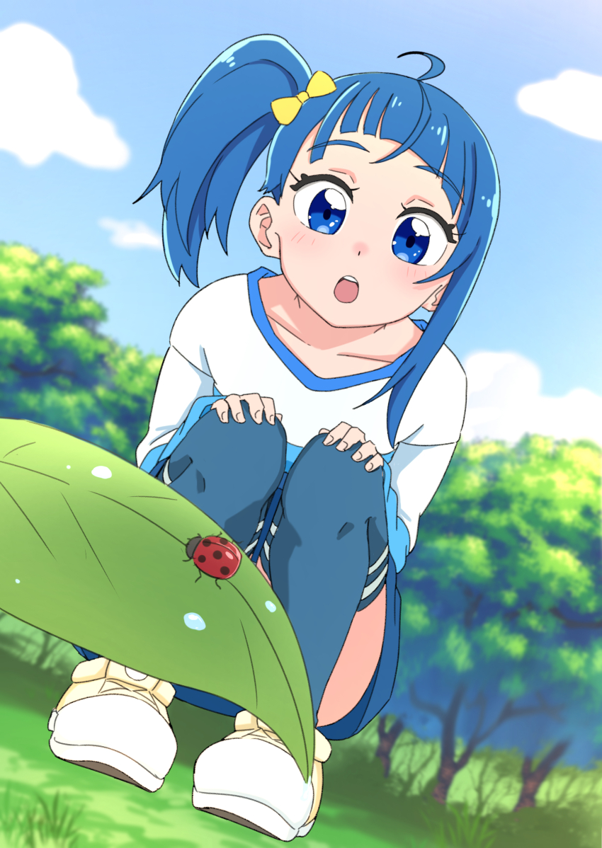 1girl absurdres blue_eyes blue_hair blue_shirt blue_skirt blue_sky blue_thighhighs blurry blurry_foreground bow bug casual cloud cloudy_sky commentary convenient_censoring cut_bangs day depth_of_field dutch_angle forest full_body hair_bow hakuino_hakase hands_on_own_knees highres hirogaru_sky!_precure insect ladybug leaf long_sleeves looking_at_viewer medium_hair miniskirt nature open_mouth outdoors precure shirt shoes side_ponytail single_sidelock skirt sky sneakers solo sora_harewataru squatting t-shirt thighhighs two-tone_shirt white_shirt yellow_bow yellow_shoes