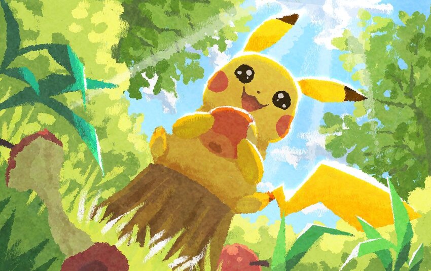 :3 :d apple apple_core blush_stickers cloud colored_skin commentary_request day food fruit game_freak gen_1_pokemon grass holding holding_food holding_fruit miclot nintendo no_humans open_mouth outdoors pikachu pokemon pokemon_(creature) sitting sitting_on_tree_stump smile sparkling_eyes sunlight tail tree tree_stump yellow_skin