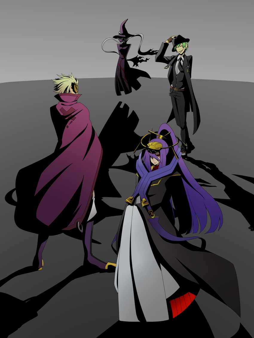 2boys 2girls absurdres arc_system_works artist_request blazblue blonde_hair boots cape coat crown closed_eyes fedora fingerless_gloves formal_clothes gloves green_hair hades_izanami hat hazama highres long_hair pants long_sleeves mask mikado_(blazblue) multiple_boys multiple_girls pants phantom_(blazblue) ponytail purple_hair red_eyes relius_clover shadow short_hair smile suit very_long_hair
