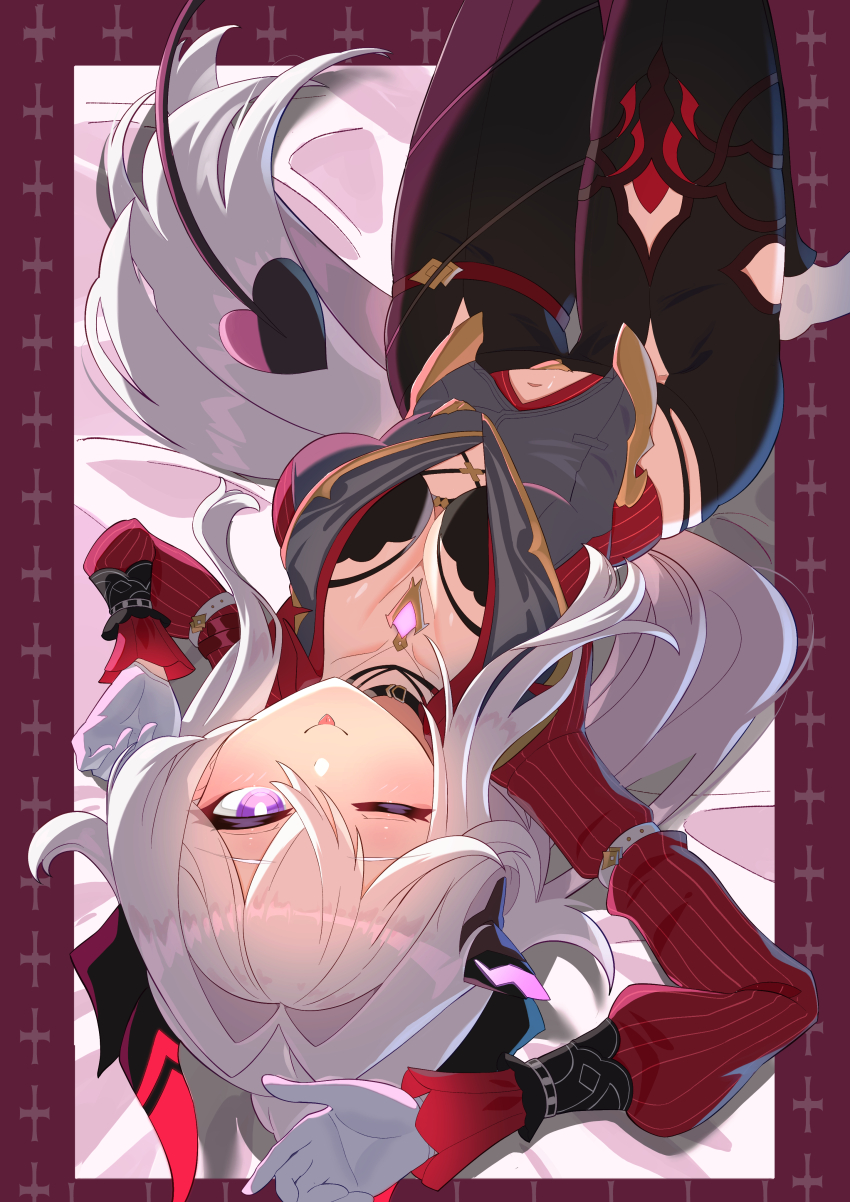 1girl absurdres anklet black_bra black_choker black_horns black_pants blinking blush bra breasts bright_pupils chest_jewel choker demon_horns demon_tail dress eight_(eight3rd1) gloves grey_jacket hair_ornament heart heart_tail highres honkai_(series) honkai_impact_3rd horns jacket jewelry large_breasts long_hair long_sleeves looking_at_viewer navel one_eye_closed pants purple_eyes red_dress simple_background socks solo tail thelema_nutriscu thelema_nutriscu_(gentle_is_the_night) thighhighs underwear very_long_hair white_gloves white_hair white_pupils white_socks