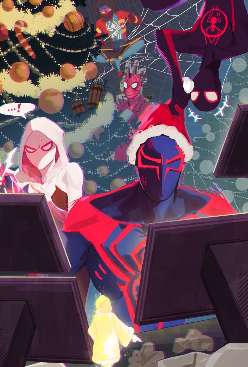 ! +++ ... 2girls 4boys anger_vein animal_print black_bodysuit blue_bodysuit bodysuit christmas christmas_tree collared_shirt computer fur-trimmed_headwear fur_trim garland_(decoration) hat head_spikes highres hologram hood hooded_bodysuit marvel multicolored_bodysuit multiple_boys multiple_girls pelvic_curtain pink_bodysuit pom_pom_(clothes) purple_shirt red_bodysuit red_hat santa_hat shirt silk sitting spider-gwen spider-man:_across_the_spider-verse spider-man_(2099) spider-man_(miles_morales) spider-man_(series) spider-man_india spider-punk spider-verse spider_print spider_web spider_web_print spoken_ellipsis spoken_exclamation_mark sshero superhero_costume sweat table two-tone_bodysuit upside-down white_bodysuit