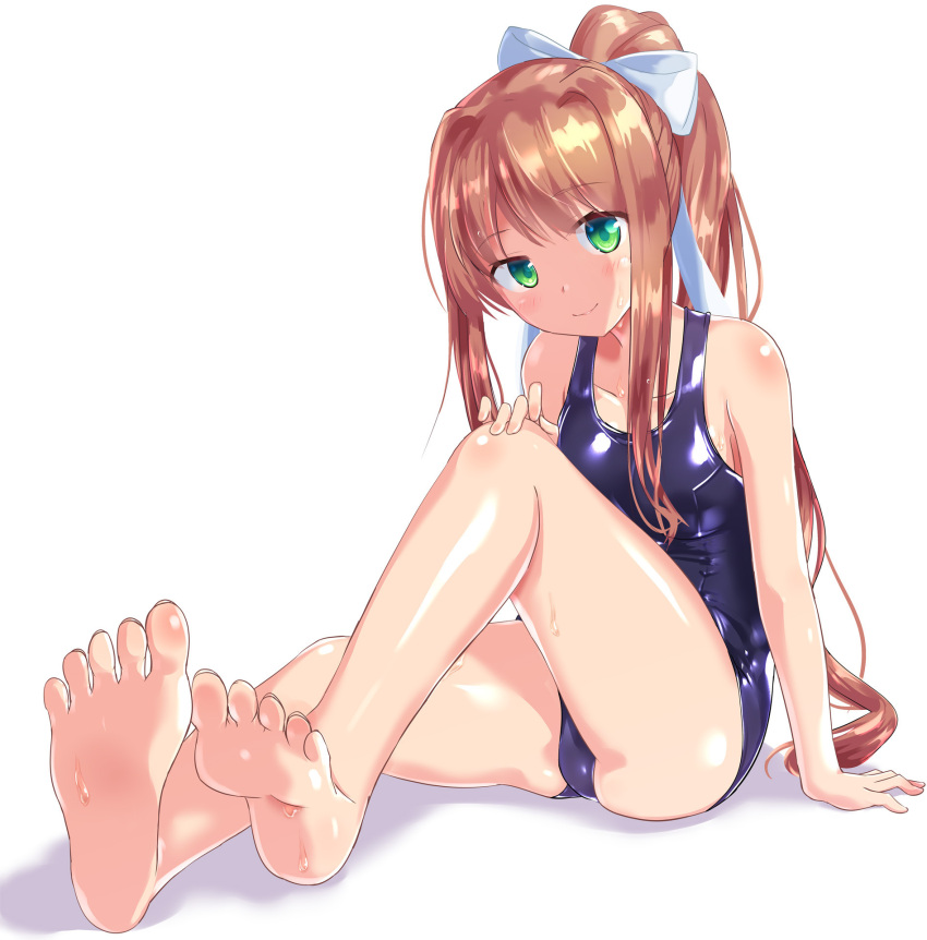 1girl aged_down arm_support bare_legs bare_shoulders barefoot blue_one-piece_swimsuit blush bow breasts brown_hair closed_mouth doki_doki_literature_club feet foot_focus green_eyes hair_between_eyes hair_bow hand_on_own_knee head_tilt high_ponytail highres long_hair monika_(doki_doki_literature_club) naka_(cheeseyeast) one-piece_swimsuit photoshop_(medium) ponytail school_swimsuit small_breasts smile soles solo swimsuit toenails toes very_long_hair wet white_background white_bow