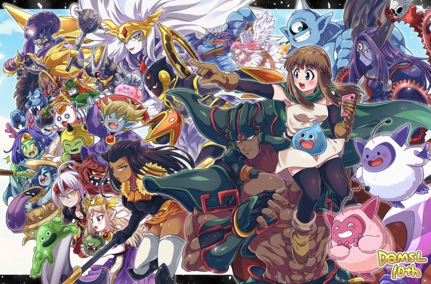 6+boys 6+girls 6+others absurdres animal_ears balzack_(dragon_quest) black_border black_eyes black_thighhighs blonde_hair blue_skin boots border braid breasts brown_gloves brown_hair bubble_slime butouma_preciana cape cellphone character_request cleavage club_(weapon) colored_skin commentary_request cyclops dark-skinned_female dark-skinned_male dark_dream_(dq6) dark_skin dragon_quest dragon_quest_monsters_super_light dress everyone floating_clothes gapplin_(dragon_quest) gigantes_(dragon_quest) gloves green_cape green_skin grin highres holding holding_phone long_hair megazaru_rock monster multiple_boys multiple_girls multiple_others muscular muscular_male one-eyed open_mouth orange_eyes otyumamii phone pink_hair pink_skin pointing pointy_ears purple_hair purple_skin queen_slime_(dragon_quest) rubiss_(dragon_quest) side_braid slime_(dragon_quest) smile strapless strapless_dress thighhighs udora_(dragon_quest) veera_(dragon_quest) scruffy_(dragon_quest) fluffy_(dragon_quest) weapon white_skin white_thighhighs zettai_ryouiki