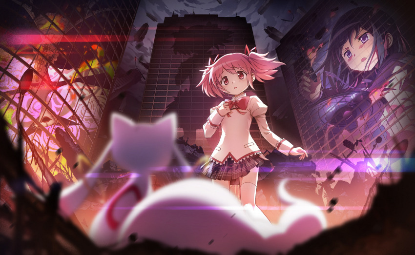 2girls akemi_homura artist_request black_capelet black_hair black_skirt bow bowtie building capelet clenched_hand collared_shirt debris determined different_shadow dot_nose dress floating_clothes floating_hair full_body game_cg gun hair_ribbon hand_on_own_chest handgun high_collar highres holding holding_gun holding_weapon jitome juliet_sleeves kaname_madoka kyubey lace lace-trimmed_shirt lace-trimmed_sleeves lace_trim layered_sleeves light_blush long_sleeves looking_at_creature magic_circle magical_girl mahou_shoujo_madoka_magica mahou_shoujo_madoka_magica_(anime) mahou_shoujo_madoka_magica_magia_exedra miniskirt mitakihara_school_uniform multiple_girls official_art outdoors parted_lips pink_eyes pink_hair plaid_clothes plaid_skirt pleated_skirt puffy_sleeves purple_bow purple_bowtie purple_capelet purple_eyes red_bow red_bowtie red_ribbon reflection ribbon road_sign ruins school_uniform shield shirt short_hair short_twintails sign skirt skyscraper standing storm tareme thighhighs twintails two-tone_capelet upper_body walpurgisnacht_(madoka_magica) weapon white_dress white_sleeve_cuffs white_thighhighs witch_(madoka_magica) worried yellow_shirt