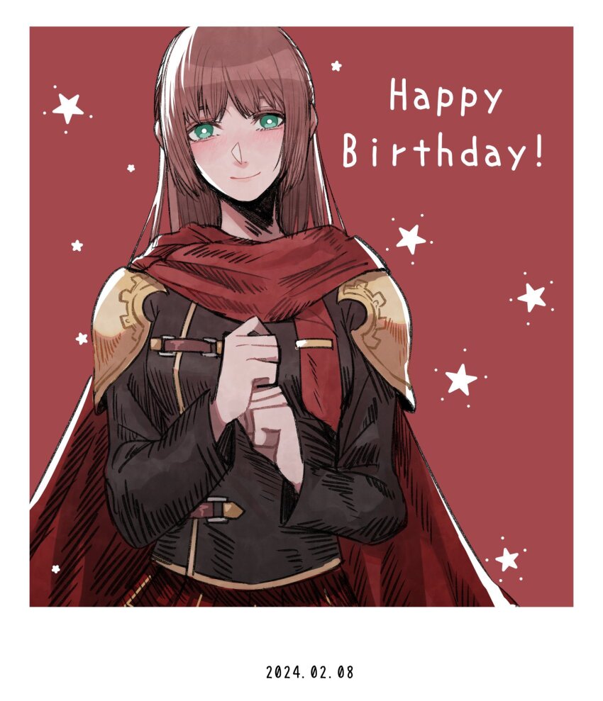 1girl akademeia_uniform armor brown_hair cape deuce_(fft-0) final_fantasy final_fantasy_type-0 green_eyes happy_birthday highres light_blush nnnmmg0725 own_hands_together red_background red_cape school_uniform shoulder_armor smile solo star_(symbol)