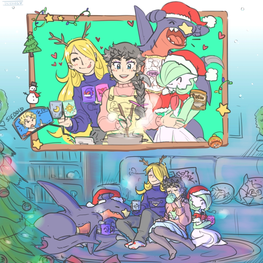 1boy 3girls absurdres antlers apron blonde_hair blue_skin bob_cut braid braided_ponytail brown_hair christmas christmas_tree closed_eyes colored_skin cooking couch cynthia_(pokemon) diantha_(pokemon) dragon fangs garchomp gardevoir gen_3_pokemon gen_4_pokemon green_hair hat heart highres horns multiple_girls nintendo niosklastenos pokemon pokemon_(creature) pokemon_dppt pokemon_xy reindeer_antlers santa_hat siebold_(pokemon) smile sweater