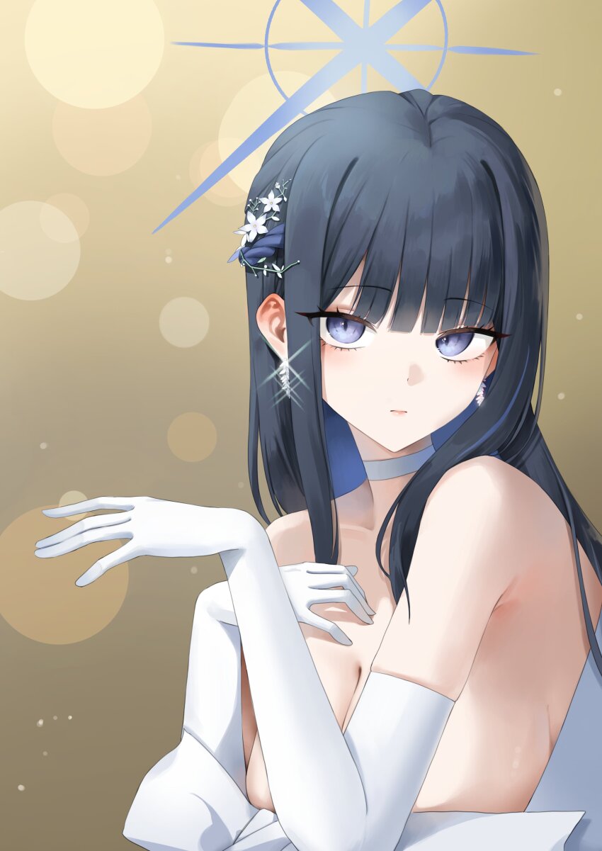 1girl absurdres blue_archive blue_eyes blue_hair blue_halo breasts choker cleavage colored_inner_hair dress elbow_gloves gloves halo highres multicolored_hair nonoa official_alternate_costume saori_(blue_archive) saori_(dress)_(blue_archive) solo upper_body white_choker white_dress white_gloves