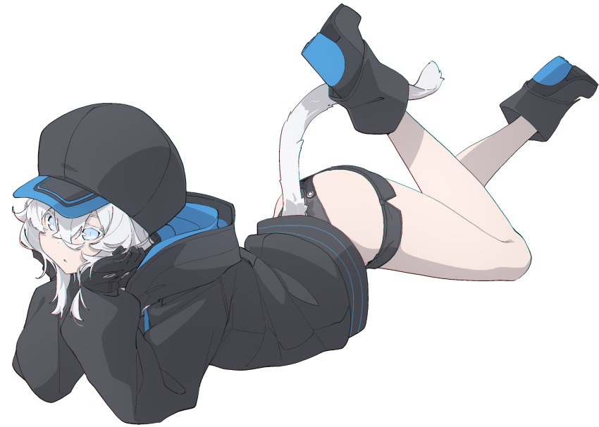 1girl black_gloves black_hat black_jacket black_shorts blue_eyes boots cat_tail colored_eyelashes gloves hair_between_eyes hat head_rest high_heel_boots high_heels highres hood hood_down hooded_jacket jacket legs leotard leotard_under_clothes lowleg lowleg_shorts lying micro_shorts on_stomach original parted_lips shorts simple_background slit_pupils solo subaru_(yamunashi) tail webp-to-png_conversion white_background white_hair yamunashi_(soregoshi)