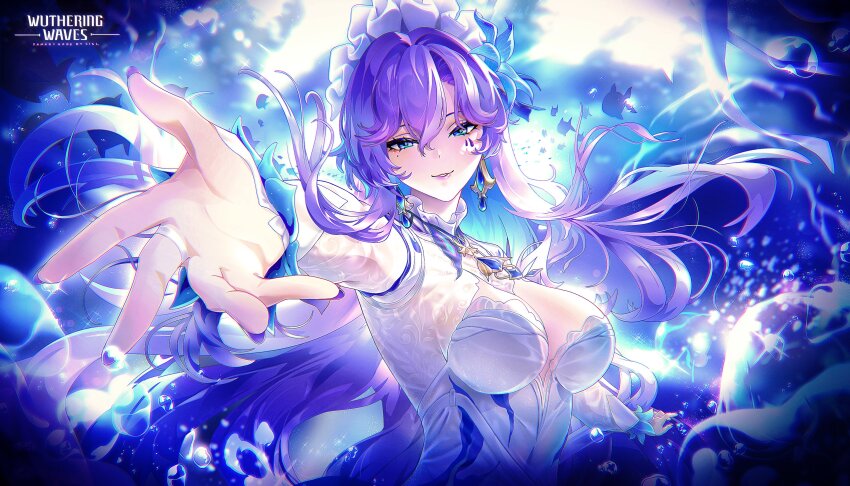1girl absurdres blue_eyes blue_flower breasts bubble cantarella_(wuthering_waves) chromatic_aberration cisl commentary dress earrings english_commentary facial_mark fingernails flower hair_between_eyes hair_flower hair_ornament headdress highres jellyfish jewelry large_breasts logo mark_under_eye mole mole_under_eye nail_polish parted_lips purple_nails reaching reaching_towards_viewer shrug_(clothing) smile solo upper_body water_drop white_dress white_shrug wuthering_waves