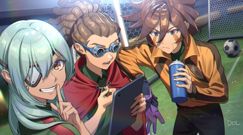 3boys ball black_pants blue_eyes blue_hair brown_eyes brown_hair cape dolustoy eyepatch facial_mark genda_koujirou gloves goal goalkeeper goggles green_shirt highres inazuma_eleven inazuma_eleven_(series) kidou_yuuto light_blue_hair long_hair male_focus multiple_boys orange_shirt pants purple_gloves red_cape sakuma_jirou shirt soccer_ball soccer_field soccer_uniform sportswear sweat tablet_pc teikoku
