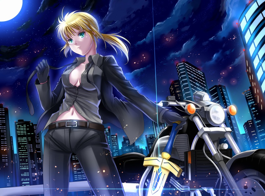 1girl artoria_pendragon_(fate) belt blonde_hair breasts city cleavage excalibur_(fate/stay_night) fate/zero fate_(series) female_focus formal_clothes gloves green_eyes motor_vehicle motorcycle navel necktie open_clothes open_shirt ponytail saber_(fate) shirt solo suit vehicle windtalker yamaha_v-max