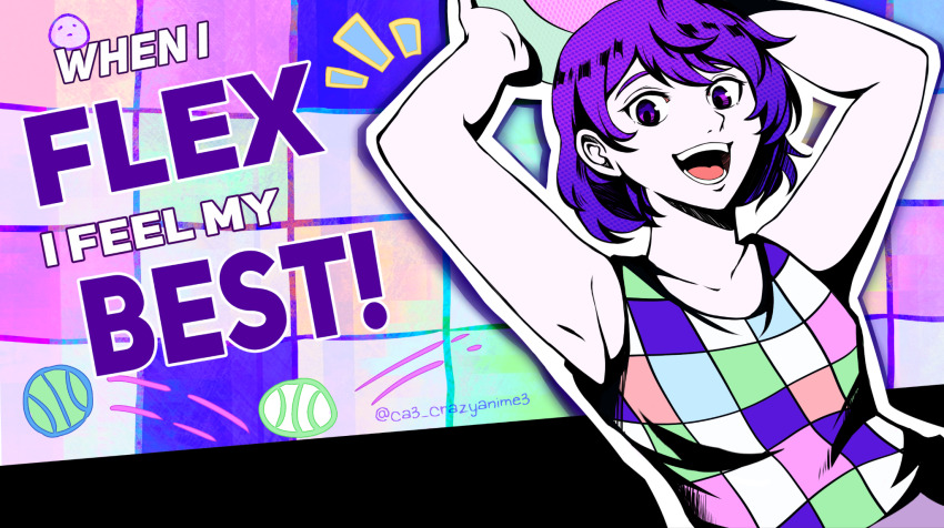 1boy arms_behind_head arms_up ball collarbone colored_skin crazyanime3 english_text highres holding holding_ball kel_(faraway)_(omori) kel_(omori) looking_at_viewer omori open_mouth persona purple_eyes purple_hair short_hair smile soejima_shigenori_(style) solo teeth tongue white_skin