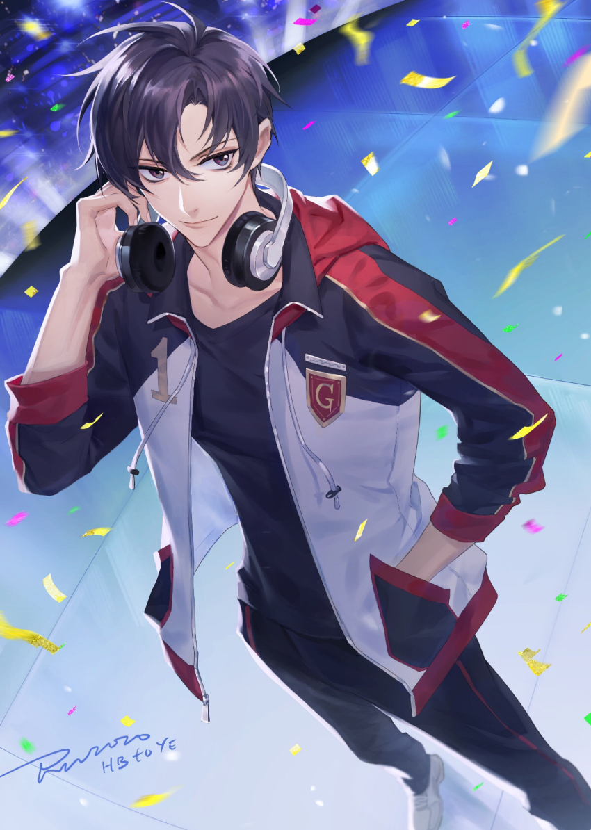 1boy artist_name black_hair black_pants black_shirt closed_mouth confetti hair_between_eyes hand_in_pocket headphones headphones_around_neck highres hood hooded_jacket jacket looking_at_viewer male_focus open_clothes open_jacket pants purple_eyes quan_zhi_gao_shou ru_(famia) shirt shoes signature smile solo standing white_jacket ye_xiu